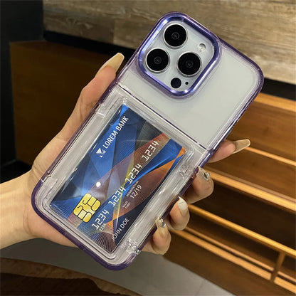 Transparent Card Slot Bag Holder Phone Case For iPhone 15 14 13 11 12 16 17 Pro Max Shockproof Protection Hard Acrylic Cover