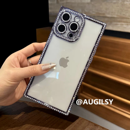 Luxury Plating Diamond Rhinestone Case For iPhone 17 Air 16 Pro Max 15 14 13 Bling Glitter Square Soft Clear Shockproof Cover