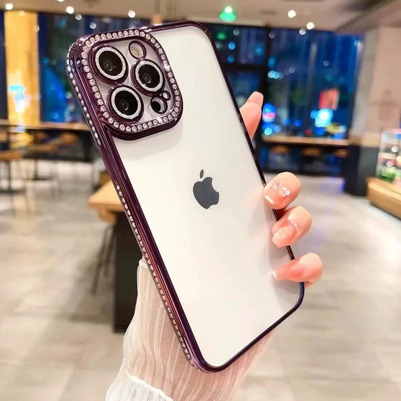 Coque de téléphone en silicone avec film protecteur d'objectif, placage diamant et strass pour iPhone 17, 16, 15, 14, 13, 12, 11 Pro Max.