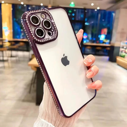 Coque de téléphone en silicone avec film protecteur d'objectif, placage diamant et strass pour iPhone 17, 16, 15, 14, 13, 12, 11 Pro Max.