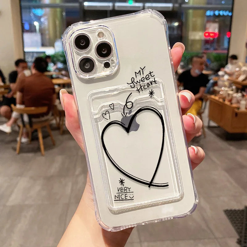 Étui souple transparent avec porte-cartes pour iPhone 13, 11, 16e, 15, 12, 14, 17, 16 Pro Max, 7 Plus, XR et SE. Motif floral esthétique.