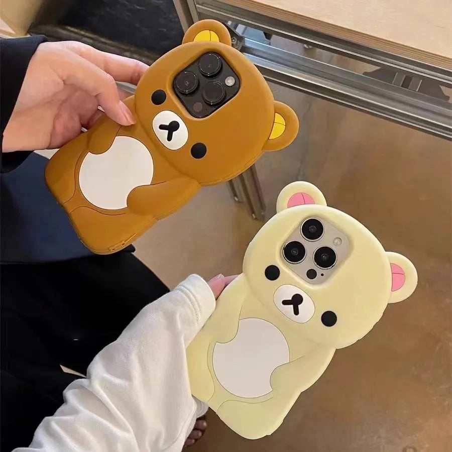 Cute 3D Bear For iPhone 17 16 15 14 13 12 11 Pro Plus mini Max Xs XR 6 7 8 SE Silicone Rilakkuma Bear Soft Cover Case
