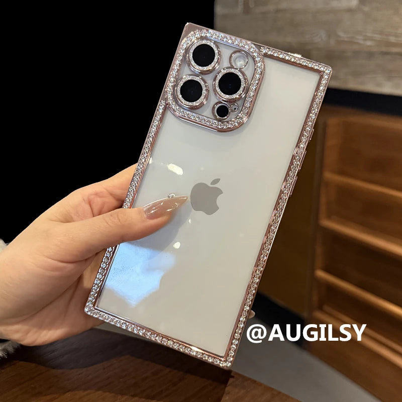 Luxury Plating Diamond Rhinestone Case For iPhone 17 Air 16 Pro Max 15 14 13 Bling Glitter Square Soft Clear Shockproof Cover