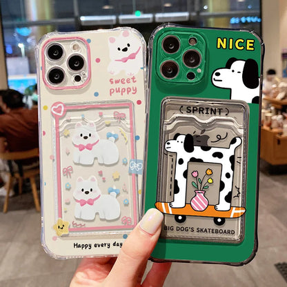 Étui transparent avec porte-cartes pour iPhone 13 15 16 11 17 12 14 Pro Max XR XS X 7 8 Plus SE - Motif chien mignon