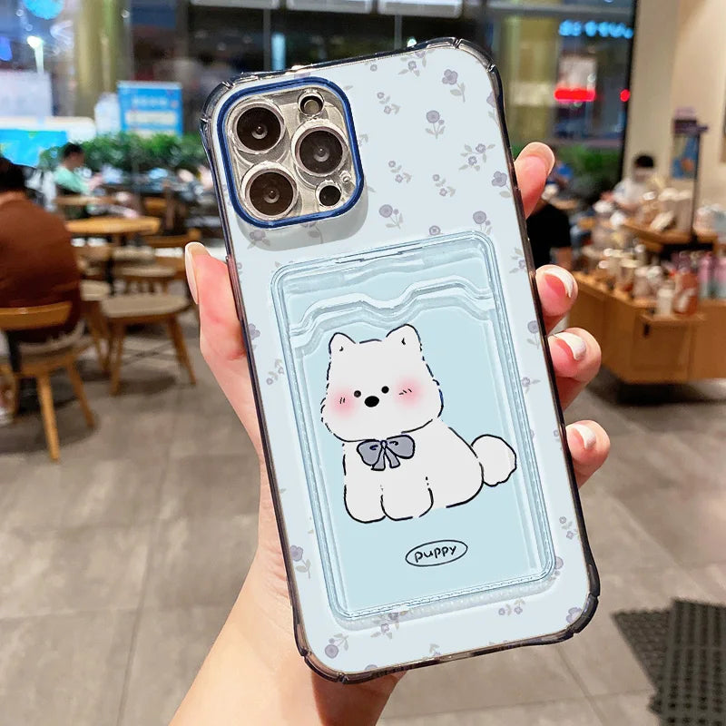 Étui transparent avec porte-cartes pour iPhone 13 15 16 11 17 12 14 Pro Max XR XS X 7 8 Plus SE - Motif chien mignon