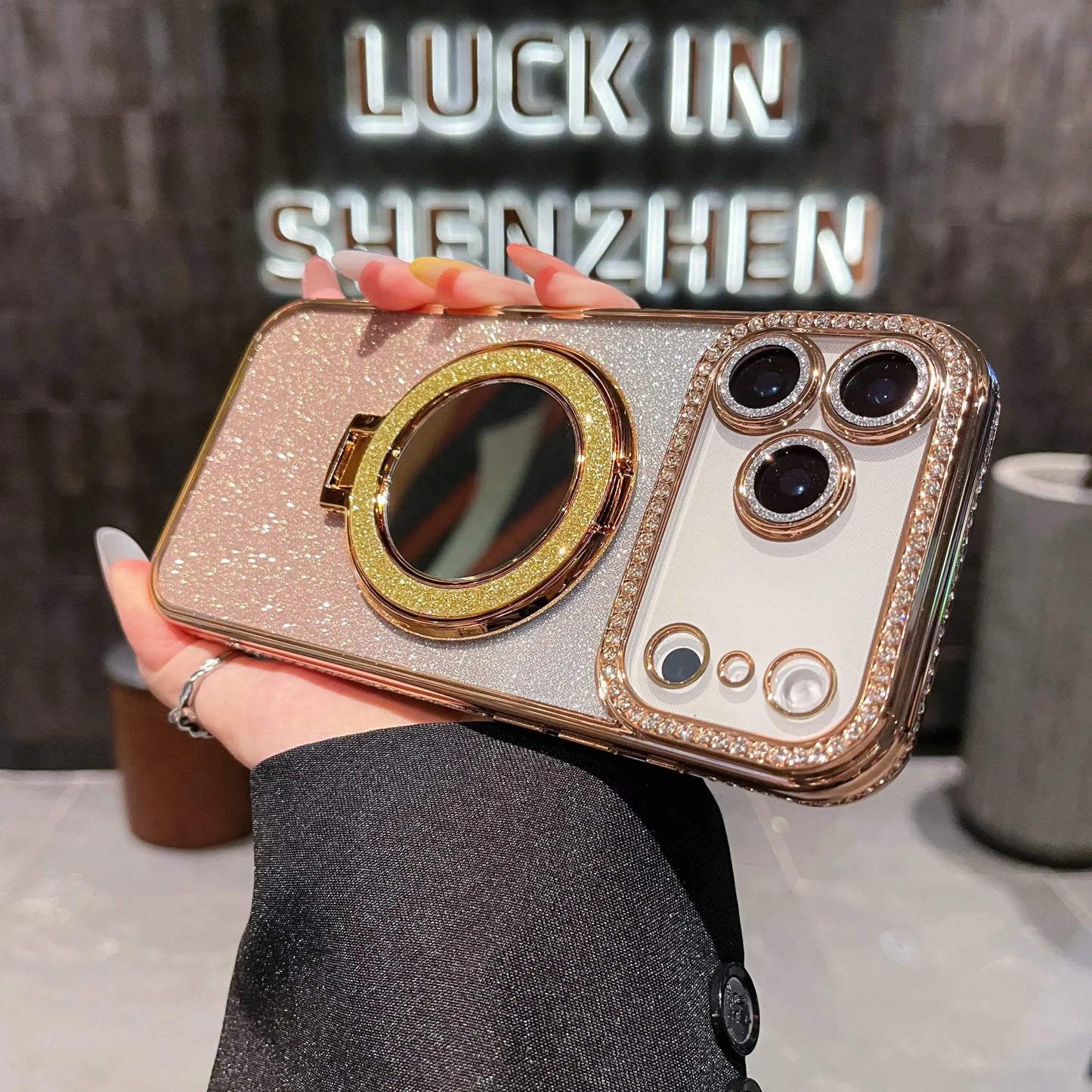 Fashion Glitter Diamond Mirror Phone Case For iPhone 17 16 15 14 13 12 11 Pro Max Plus 17Pro 17 Air Shockproof Stand Back Cover