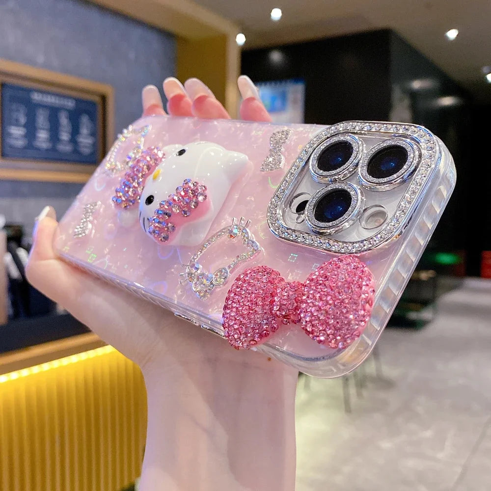 Cartoon Diamonds Pink 3D Kitty Phone Case For iPhone 17 16 15 14 13 12 11 Pro Max Bling Glitter TPU Clear Protective Back Cover