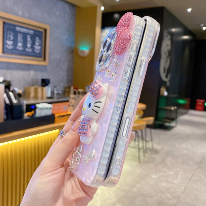 Cartoon Diamonds Pink 3D Kitty Phone Case For iPhone 17 16 15 14 13 12 11 Pro Max Bling Glitter TPU Clear Protective Back Cover