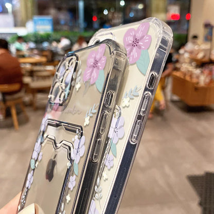 Étui souple transparent avec porte-cartes pour iPhone 13, 11, 16e, 15, 12, 14, 17, 16 Pro Max, 7 Plus, XR et SE. Motif floral esthétique.
