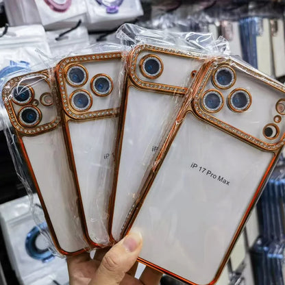 Coque de téléphone en silicone avec film protecteur d'objectif, placage diamant et strass pour iPhone 17, 16, 15, 14, 13, 12, 11 Pro Max.