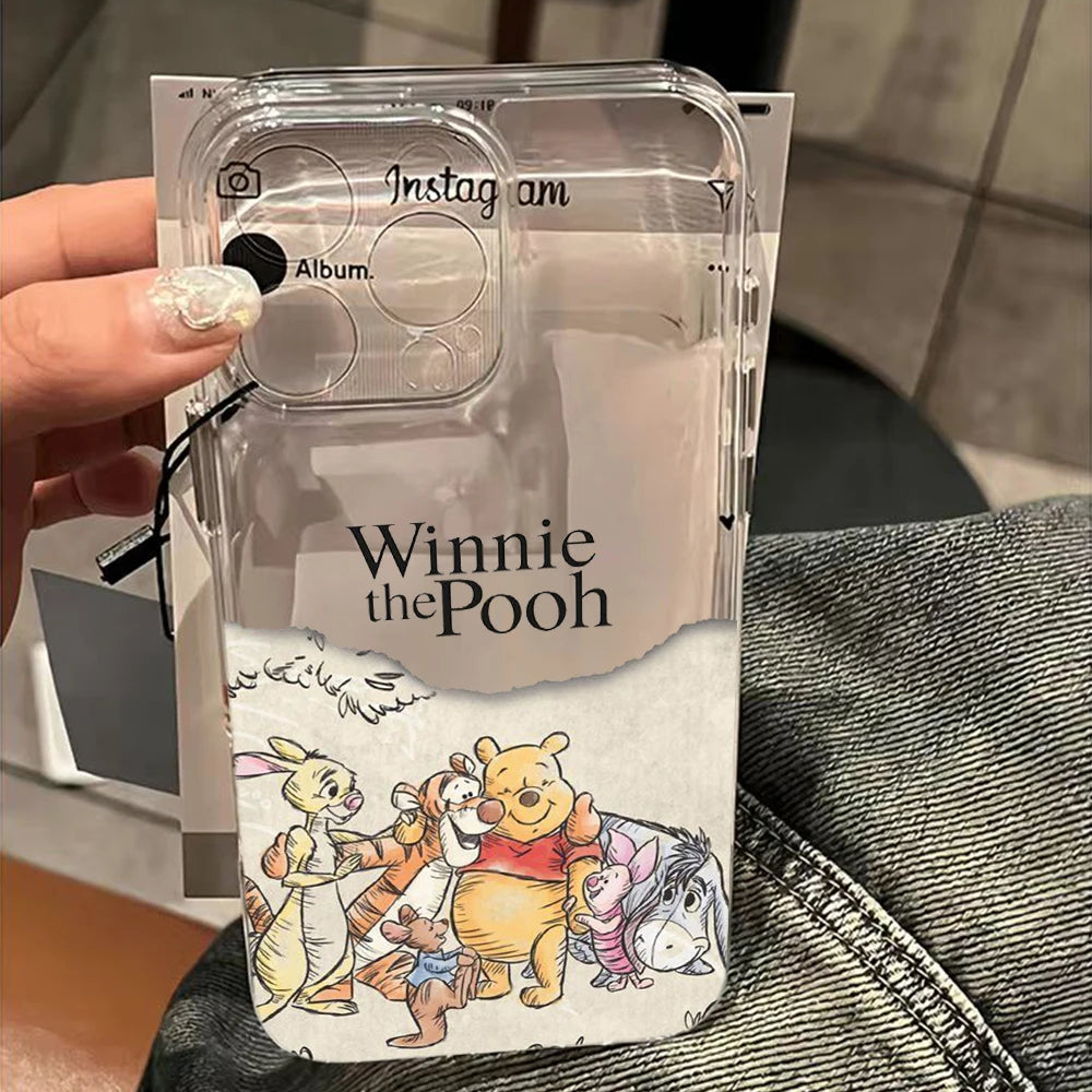 Cute Cartoon Pooh Bear Clear Phone Case For iPhone 17 16 16e 15 14 13 12 11 Mini Pro Max X XR 7 8 Air Plus Transparent Back Cover