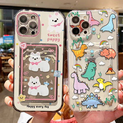 Cute Dinosaur Silicone Phone Case For iPhone 15 13 17 11 12 14 16 Pro Max 7 8 Plus XR XS SE 2020 Card Slot Bag Holder Soft Cover