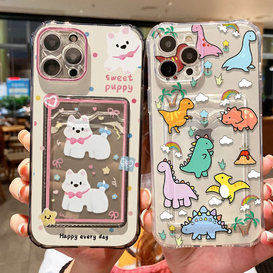 Cute Dinosaur Silicone Phone Case For iPhone 15 13 17 11 12 14 16 Pro Max 7 8 Plus XR XS SE 2020 Card Slot Bag Holder Soft Cover