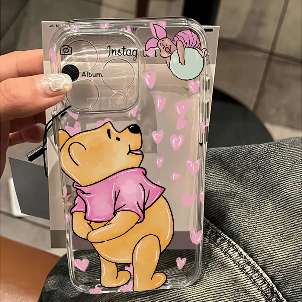 Cute Cartoon Pooh Bear Clear Phone Case For iPhone 17 16 16e 15 14 13 12 11 Mini Pro Max X XR 7 8 Air Plus Transparent Back Cover