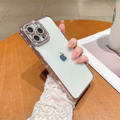 Coque de téléphone en silicone avec film protecteur d'objectif, placage diamant et strass pour iPhone 17, 16, 15, 14, 13, 12, 11 Pro Max.