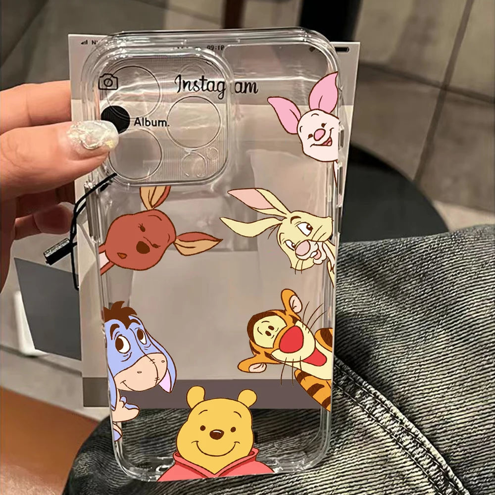 Cute Cartoon Pooh Bear Clear Phone Case For iPhone 17 16 16e 15 14 13 12 11 Mini Pro Max X XR 7 8 Air Plus Transparent Back Cover