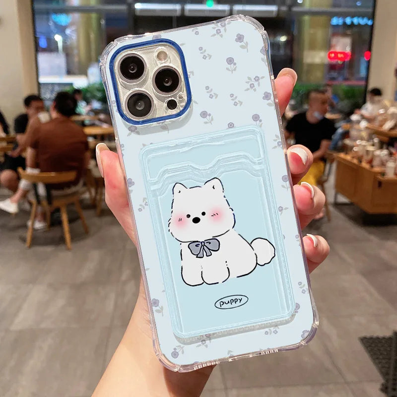 Étui transparent avec porte-cartes pour iPhone 13 15 16 11 17 12 14 Pro Max XR XS X 7 8 Plus SE - Motif chien mignon