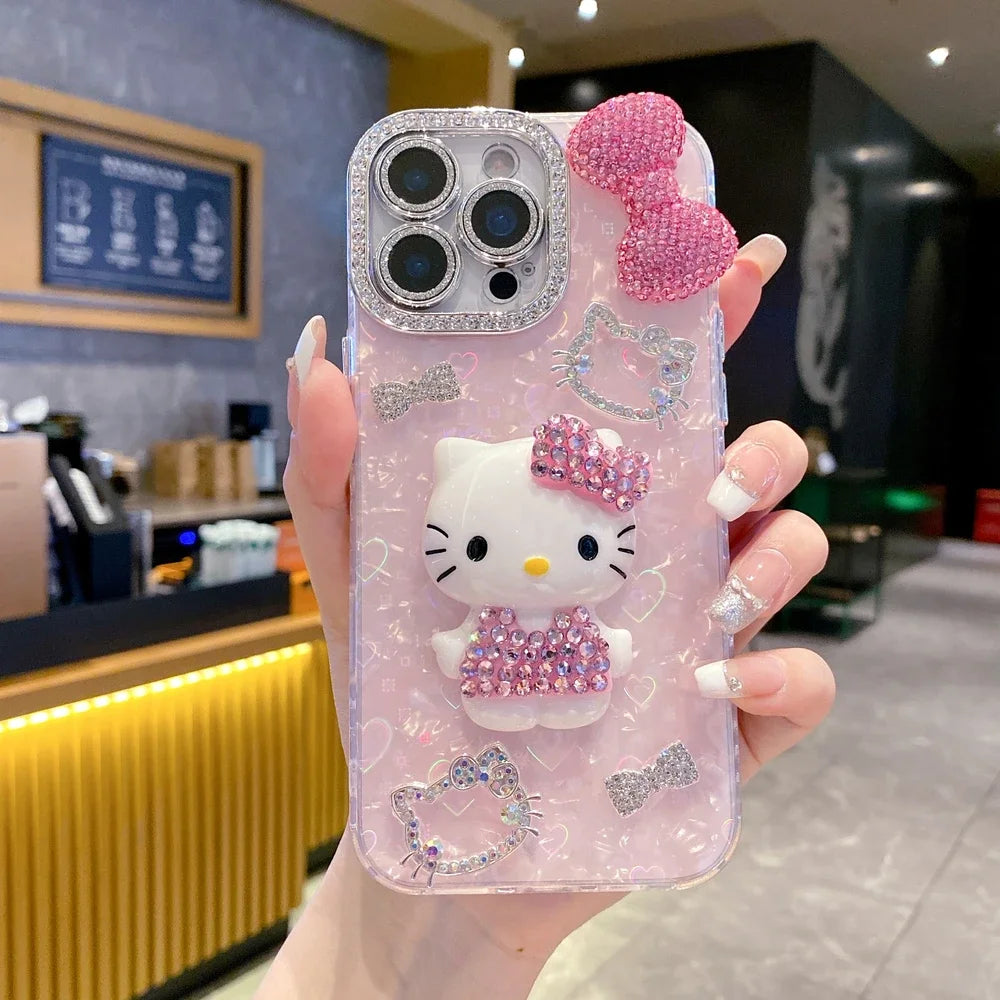 Cartoon Diamonds Pink 3D Kitty Phone Case For iPhone 17 16 15 14 13 12 11 Pro Max Bling Glitter TPU Clear Protective Back Cover
