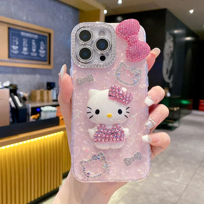 Cartoon Diamonds Pink 3D Kitty Phone Case For iPhone 17 16 15 14 13 12 11 Pro Max Bling Glitter TPU Clear Protective Back Cover