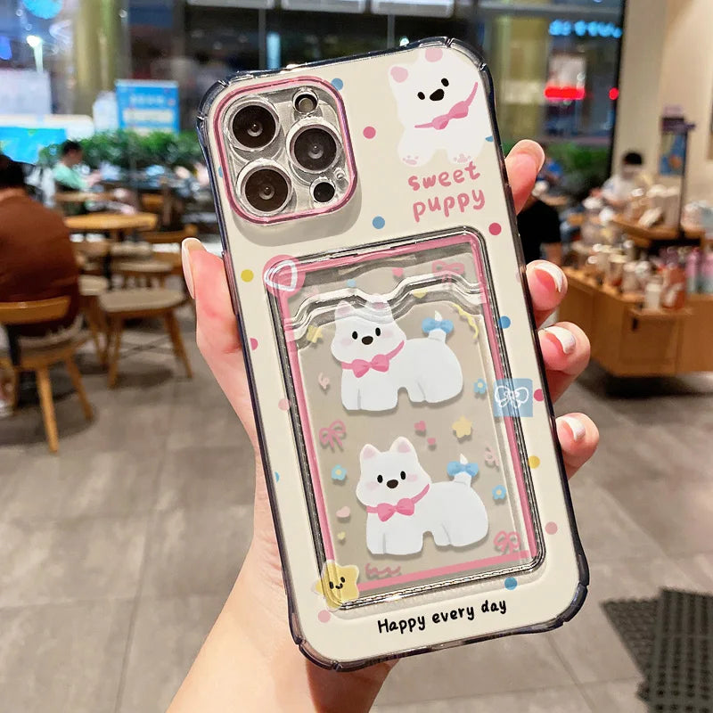 Étui transparent avec porte-cartes pour iPhone 13 15 16 11 17 12 14 Pro Max XR XS X 7 8 Plus SE - Motif chien mignon