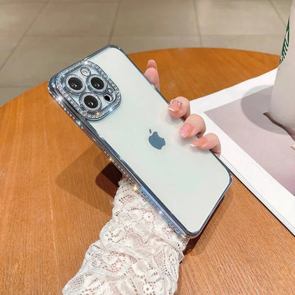 Coque de téléphone en silicone avec film protecteur d'objectif, placage diamant et strass pour iPhone 17, 16, 15, 14, 13, 12, 11 Pro Max.