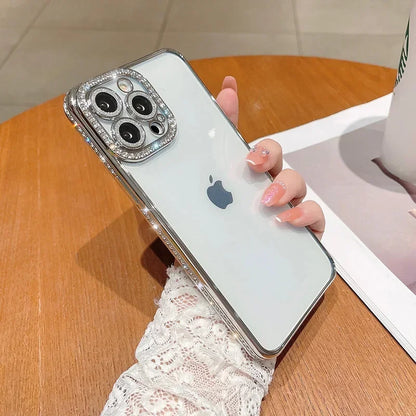 Coque de téléphone en silicone avec film protecteur d'objectif, placage diamant et strass pour iPhone 17, 16, 15, 14, 13, 12, 11 Pro Max.