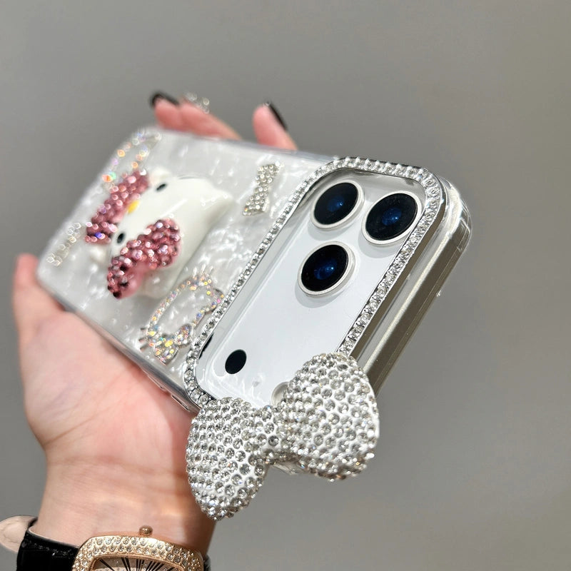 Cartoon Diamonds Pink 3D Kitty Phone Case For iPhone 17 16 15 14 13 12 11 Pro Max Bling Glitter TPU Clear Back Cover with Charm