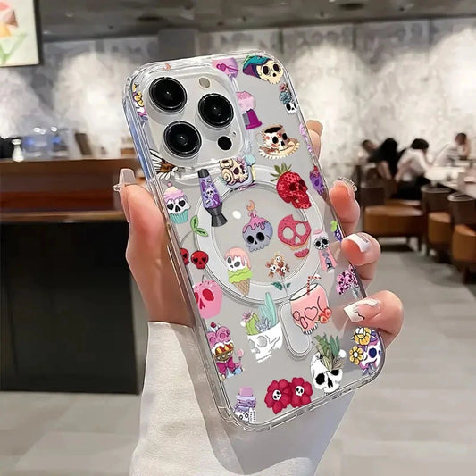 Creative Skeleton Design Phone Case for iPhone 17 16 15 14 13 12 11 Pro Max 16e 7 8 Plus X XR Halloween Magnetic Clear PC Cover