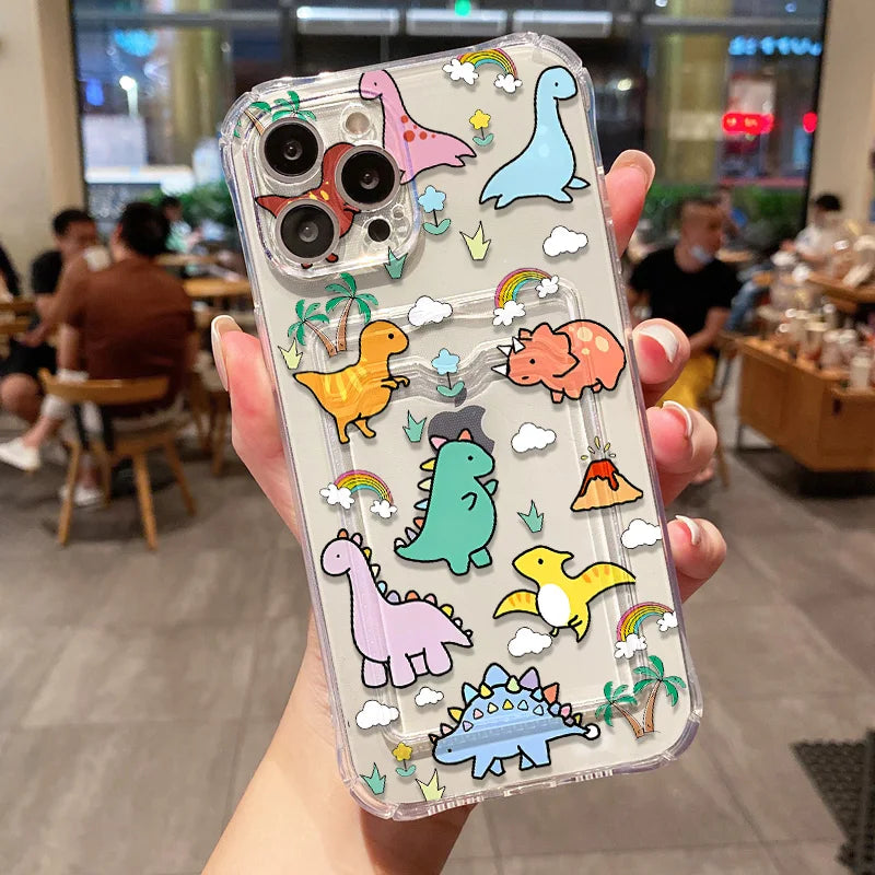 Cute Dinosaur Silicone Phone Case For iPhone 15 13 17 11 12 14 16 Pro Max 7 8 Plus XR XS SE 2020 Card Slot Bag Holder Soft Cover