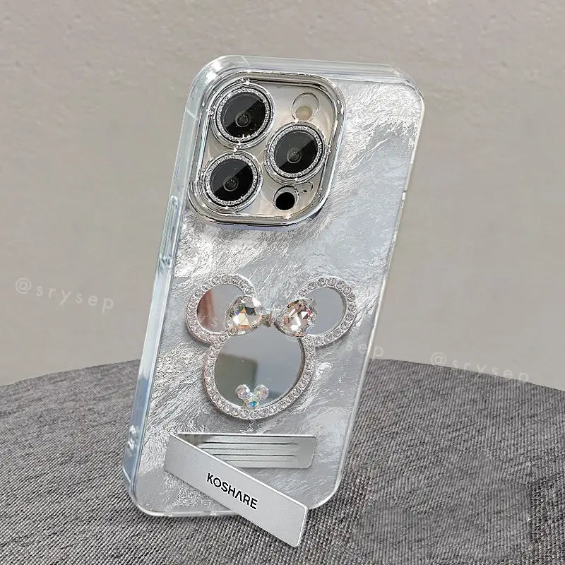 Silver Mick Mirror Phone Case For iPhone With Foldable Kickstand and Metal Bracelet