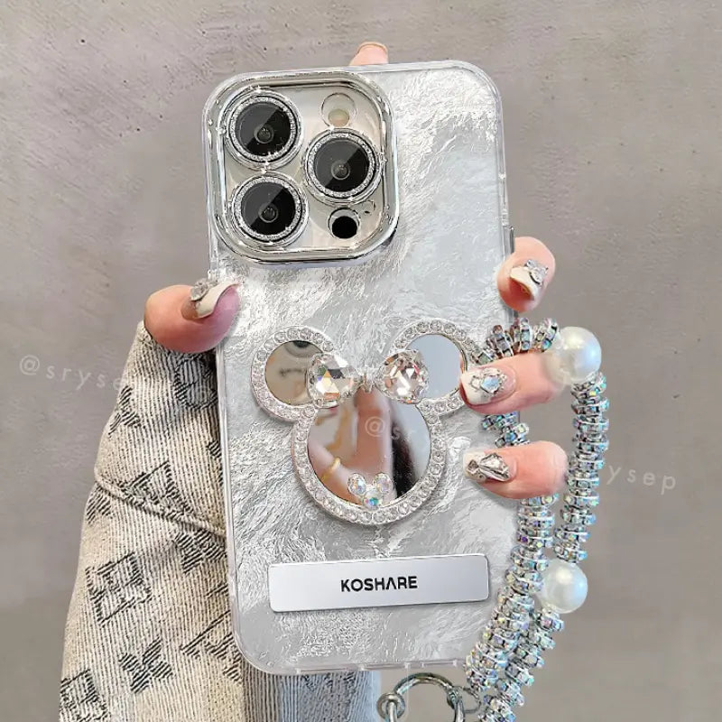 Silver Mick Mirror Phone Case For iPhone With Foldable Kickstand and Metal Bracelet