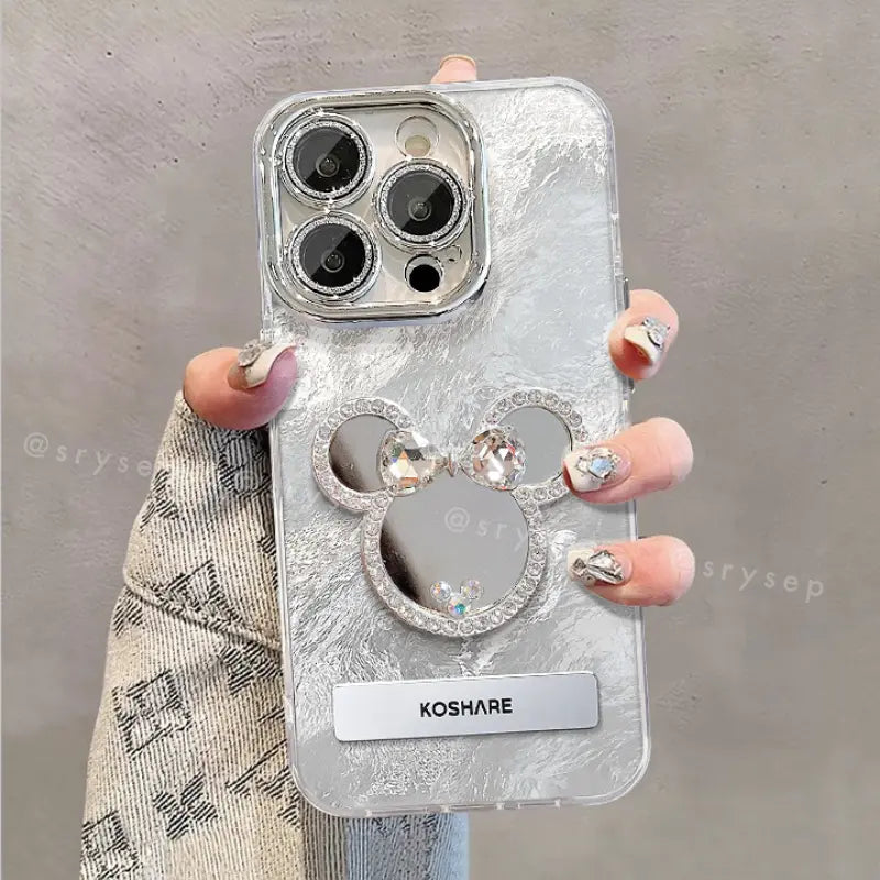 Silver Mick Mirror Phone Case For iPhone With Foldable Kickstand and Metal Bracelet
