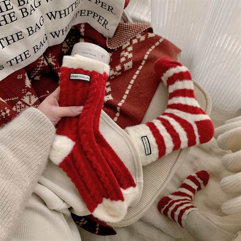 Thick Warm Fleece-Lined Striped Mid-calf Wool Socks, Cashmere Socks