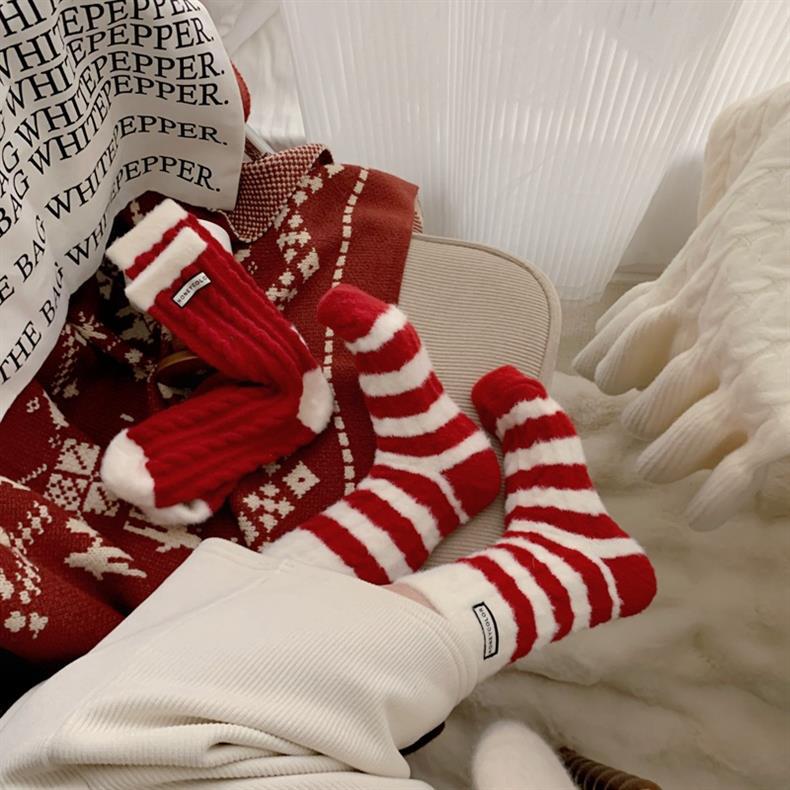 Thick Warm Fleece-Lined Striped Mid-calf Wool Socks, Cashmere Socks