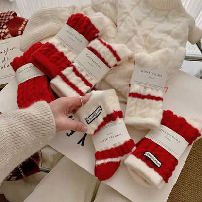 Thick Warm Fleece-Lined Striped Mid-calf Wool Socks, Cashmere Socks
