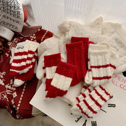 Thick Warm Fleece-Lined Striped Mid-calf Wool Socks, Cashmere Socks
