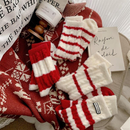Thick Warm Fleece-Lined Striped Mid-calf Wool Socks, Cashmere Socks