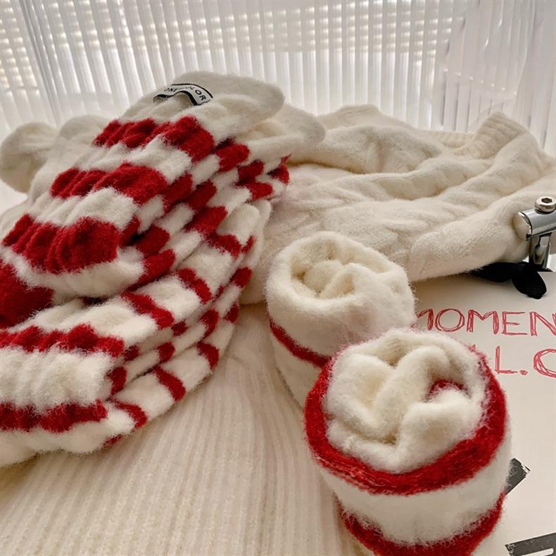 Thick Warm Fleece-Lined Striped Mid-calf Wool Socks, Cashmere Socks