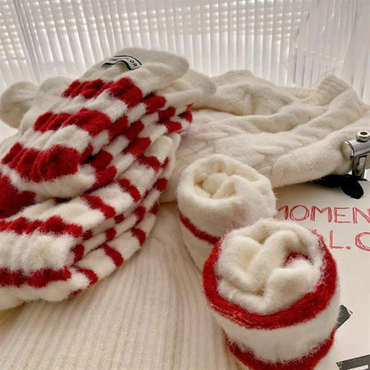Thick Warm Fleece-Lined Striped Mid-calf Wool Socks, Cashmere Socks