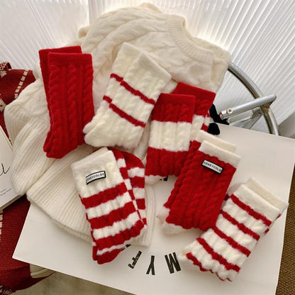 Thick Warm Fleece-Lined Striped Mid-calf Wool Socks, Cashmere Socks