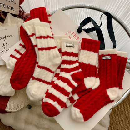 Thick Warm Fleece-Lined Striped Mid-calf Wool Socks, Cashmere Socks