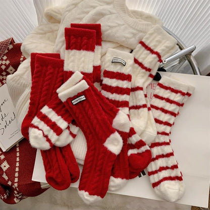 Thick Warm Fleece-Lined Striped Mid-calf Wool Socks, Cashmere Socks