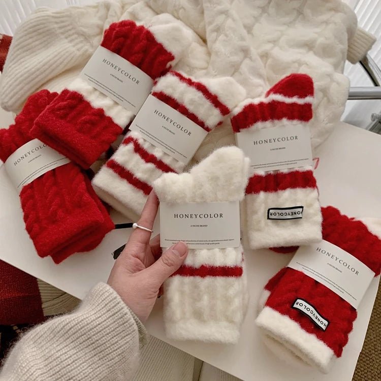 Thick Warm Fleece-Lined Striped Mid-calf Wool Socks, Cashmere Socks