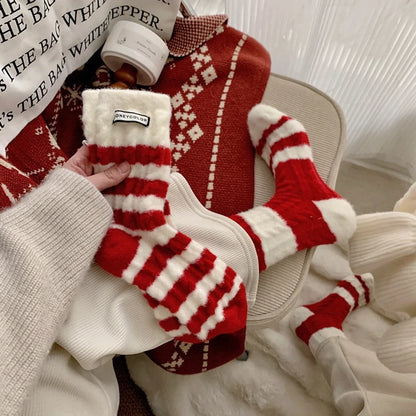 Thick Warm Fleece-Lined Striped Mid-calf Wool Socks, Cashmere Socks