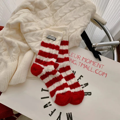 Thick Warm Fleece-Lined Striped Mid-calf Wool Socks, Cashmere Socks