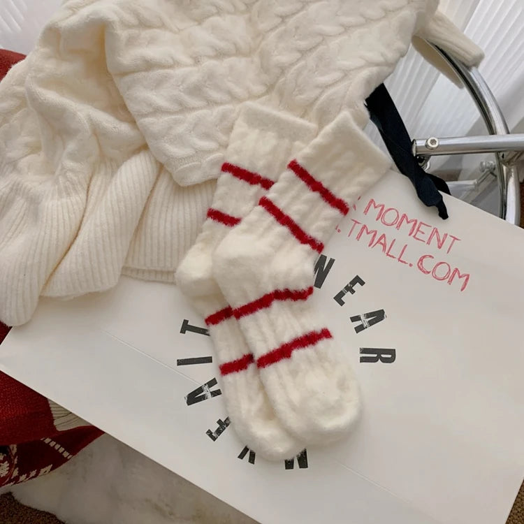 Thick Warm Fleece-Lined Striped Mid-calf Wool Socks, Cashmere Socks
