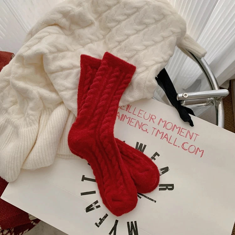 Thick Warm Fleece-Lined Striped Mid-calf Wool Socks, Cashmere Socks