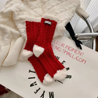 Thick Warm Fleece-Lined Striped Mid-calf Wool Socks, Cashmere Socks