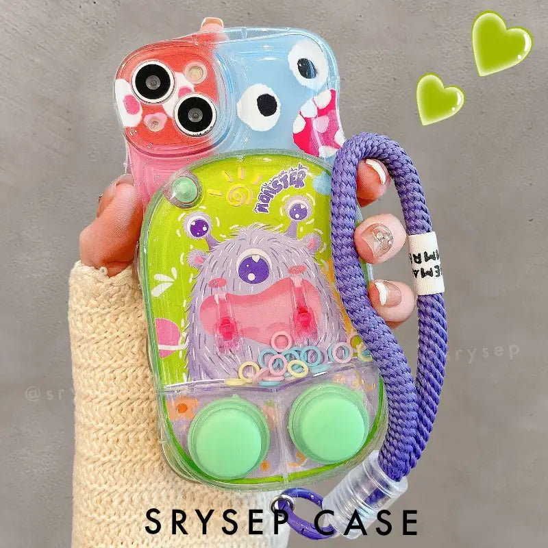 Creative Waterful Ring Toss Handheld Water Game Monster Phone Case for iPhone With Charm