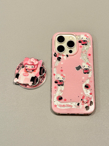 Kitty Pink Racing Glitter Cute Kawaii MagSafe Case + MagSafe Stand Holder / Phone Grip